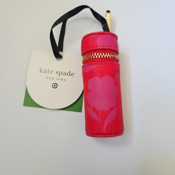 Kate Spade Target Red Pink Floral Lipstick Canvas Holder Bag Charm In Hand